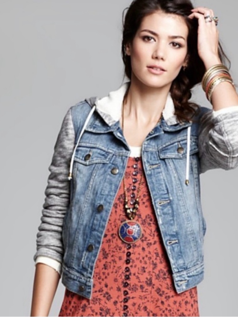 Free People Light Blue Hooded Denim Jacket | Medium